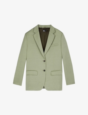 Shop The Kooples Womens Kaki Grey Loose-fit Notched-collar Linen-blend Jacket