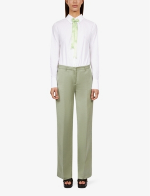 Shop The Kooples Pressed-crease Straight-leg Mid-rise Linen-blend Trousers In Kaki Grey