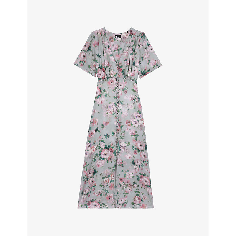 Shop The Kooples Floral-print V-neck Woven Midi Dress In Green Multico