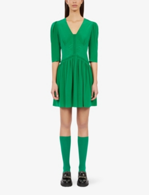 Shop The Kooples Women's Green V-neck Slim-fit Silk Mini Dress