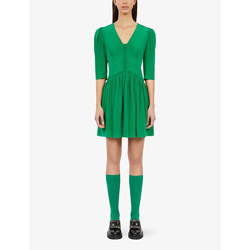Shop The Kooples Women's Green V-neck Slim-fit Silk Mini Dress