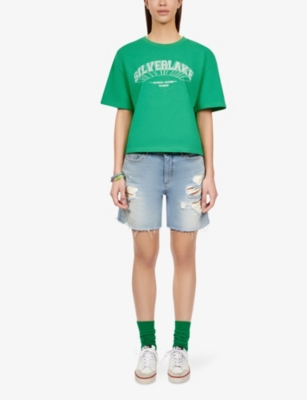 Shop The Kooples Women's Green Slogan-print Short-sleeve Cotton T-shirt