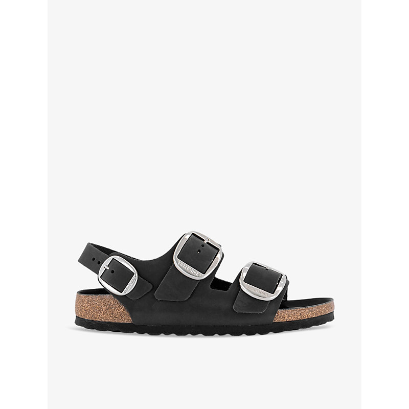 Birkenstock Milano Buckle-embellished Faux-leather Sandals In High Shine Black
