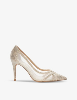 Dune Womens Gold-synthetic Bridged Rhinestone-embellished Mesh And Woven Courts