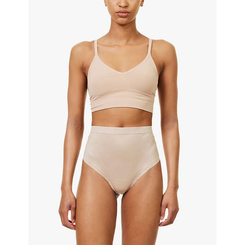 Shop Spanx Thinstincts 2.0 High-rise Stretch-woven Thong In Champagne Beige