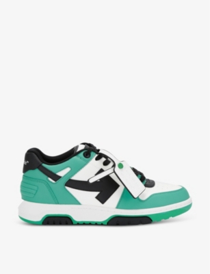 Shop Off-white C/o Virgil Abloh Men's Green Comb Out Of Office Logo-embroidered Leather Low-top Trainers