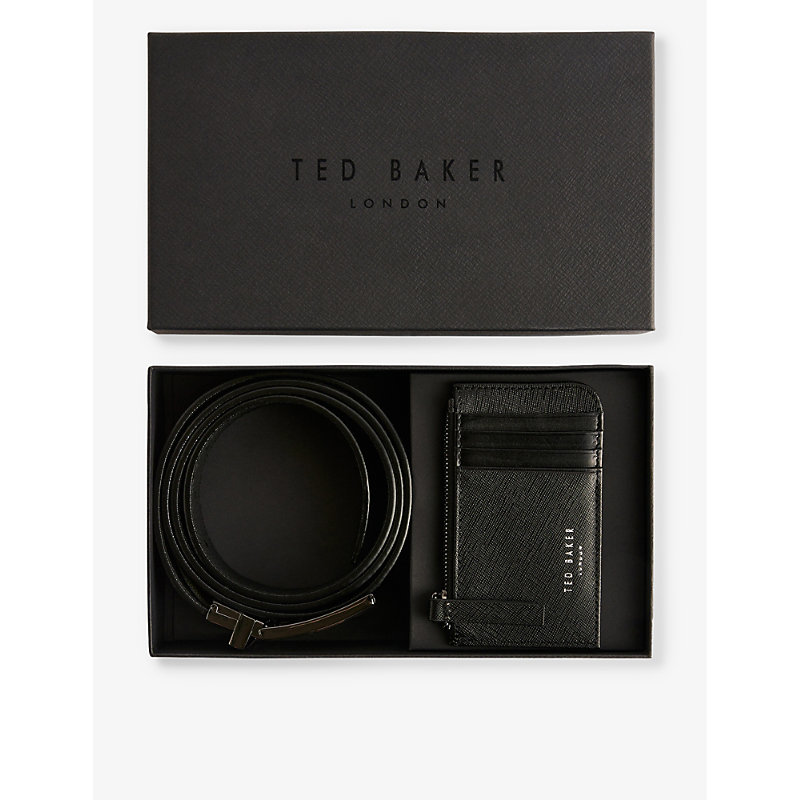 Ted Baker Mens Black Santel Bovine-leather Cardholder And Belt Set