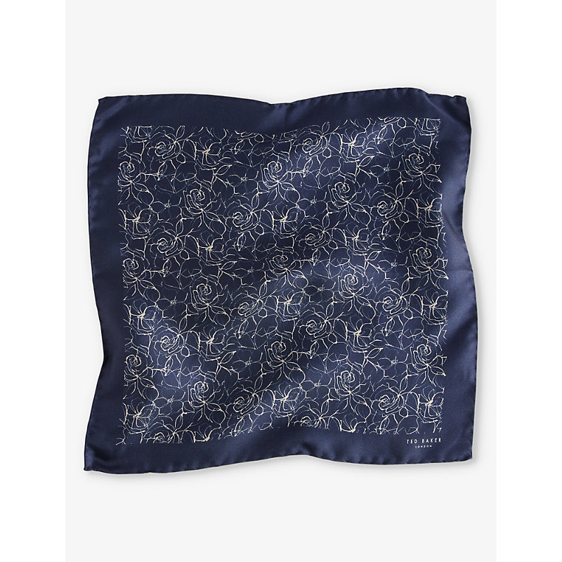 Ted Baker Mens Navy Line Floral-print Silk Pocket Square In Blue