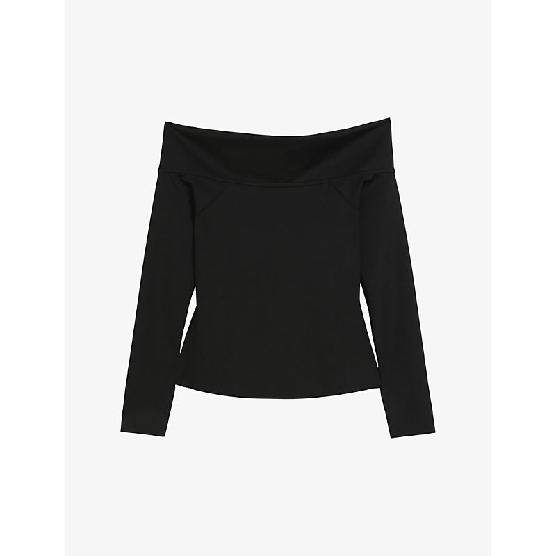 Shop Ted Baker Women's Black Phollyy Off-shoulder Long-sleeve Stretch-knit Top