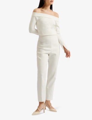 Shop Ted Baker Women's Ivory Phollyy Off-shoulder Long-sleeve Stretch-knit Top