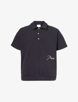 Shop Rhude Men's Black Logo-embroidered Relaxed-fit Cotton-piqué Polo Shirt