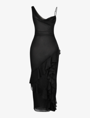 House Of Cb Womens Black Malila Ruffle-trim Woven Maxi Dress