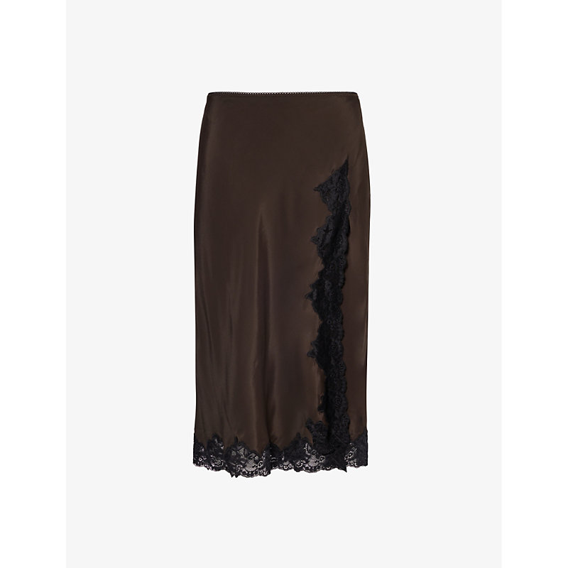 Bec & Bridge Deja Vous Lace-trim Crepe Midi Skirt In Choc/black