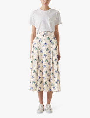 Shop Lk Bennett Women's Mul-cream Elodie Floral-print Belted-waist Cotton Midi Skirt