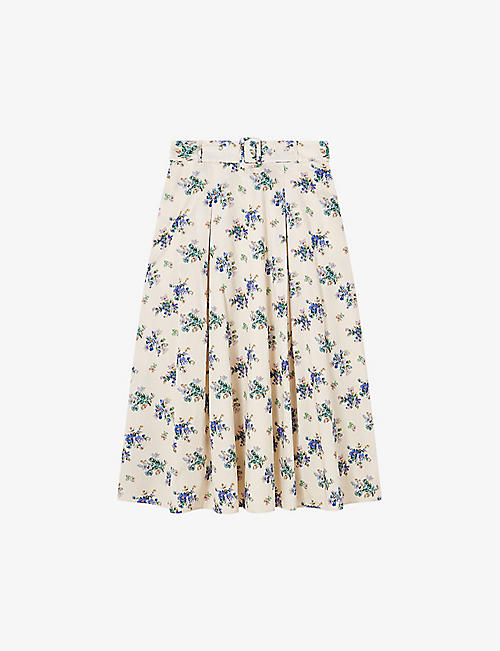 LK BENNETT: Elodie floral-print belted-waist cotton midi skirt