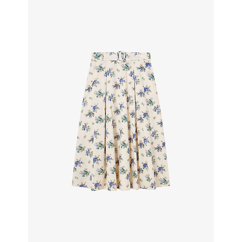 Lk Bennett Elodie Floral-print Belted-waist Cotton Midi Skirt In Mul-cream