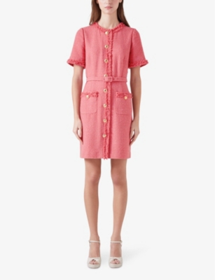Shop Lk Bennett Allie Round-neck Belted-waist Tweed Mini Dress In Pin-blush