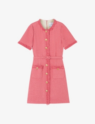 Shop Lk Bennett Women's Pin-blush Allie Round-neck Belted-waist Tweed Mini Dress