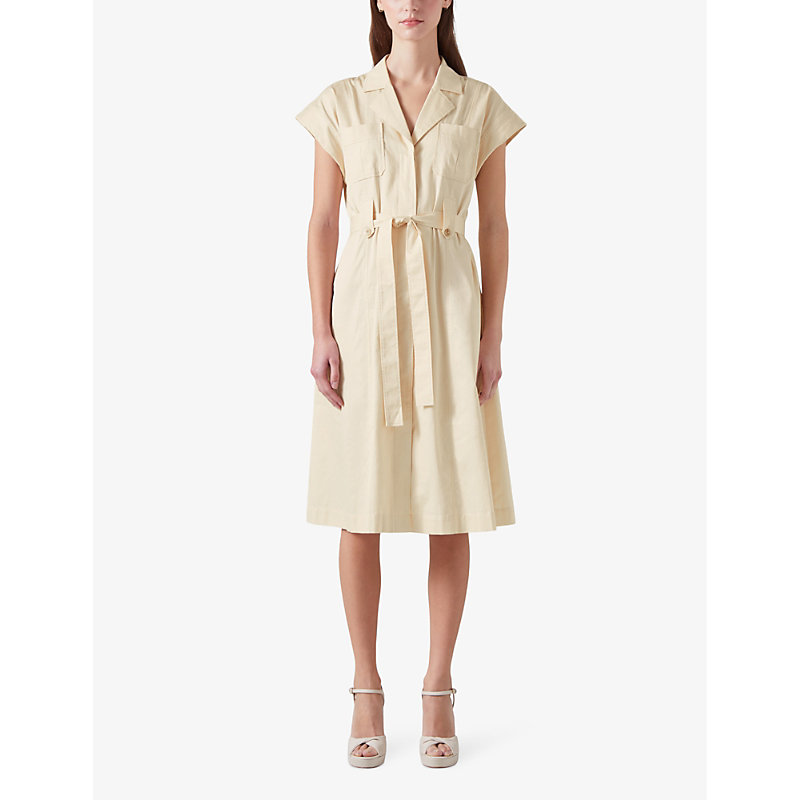 Shop Lk Bennett Women's Cre-ecru Ivy Patch-pocket Belted-waist Organic-cotton Midi Dress