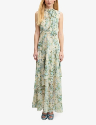 Shop Lk Bennett Robyn Neon-print Tie-neck Silk Maxi Dress In Mul-cream