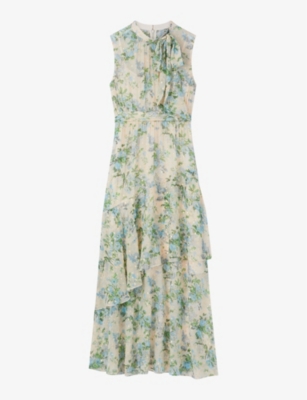 Shop Lk Bennett Robyn Neon-print Tie-neck Silk Maxi Dress In Mul-cream