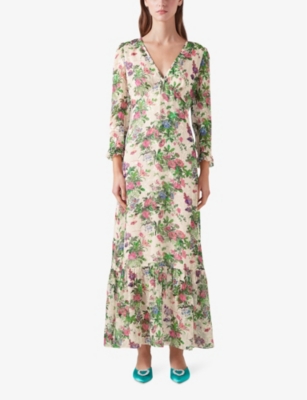 Shop Lk Bennett Deborah Floral-print V-neck Silk-blend Maxi Dress In Mul-cream