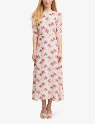Shop Lk Bennett Womens Mul-cream Delilah Bouquet-print Ruched-sleeve Silk Midi Dress