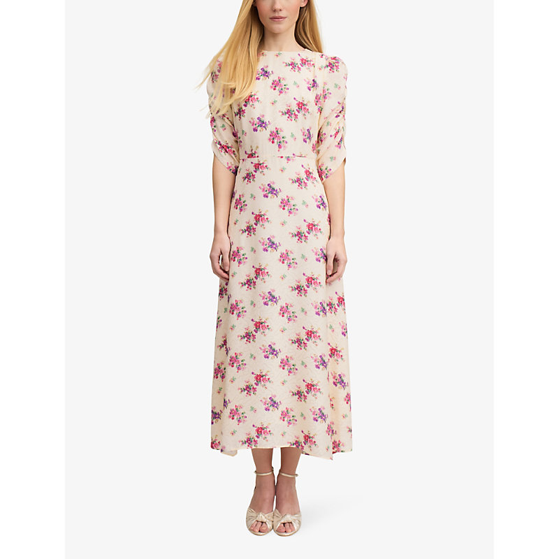 Shop Lk Bennett Women's Mul-cream Delilah Bouquet-print Ruched-sleeve Silk Midi Dress