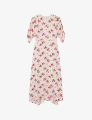 LK BENNETT: Delilah bouquet-print ruched-sleeve silk midi dress