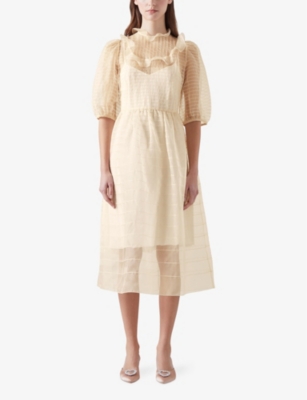Shop Lk Bennett Women's Cre-ecru Maddie Ruffle-trim Pintuck Silk Midi Dress
