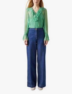 Lk Bennett Womens Mul-green Annie Frill-trim Graphic-print Woven Blouse In Mul-green