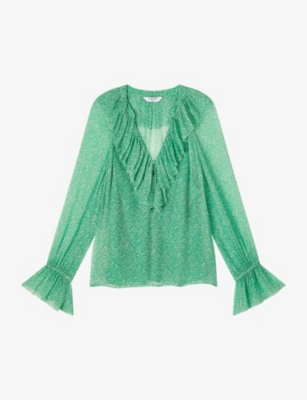Lk Bennett Womens Mul-green Annie Frill-trim Graphic-print Woven Blouse In Mul-green