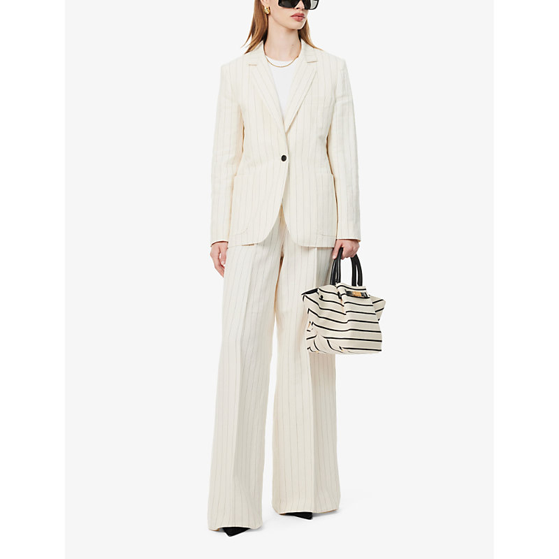 Shop Max Mara Women's White Black Micron Notched-lapel Regular-fit Linen And Cotton-blend Blazer