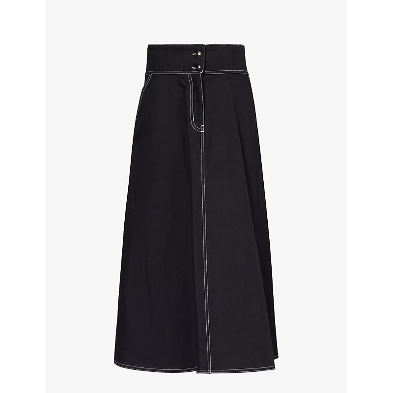 Shop Max Mara Yamato High-rise Cotton And Linen-blend Midi Skirt In Black