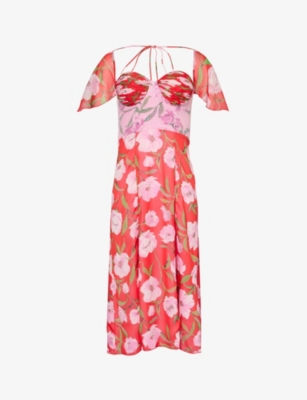 Rotate Birger Christensen Floral-print Sweetheart-neck Stretch Recycled-polyester Midi Dress In Wildeve + Prism Pink