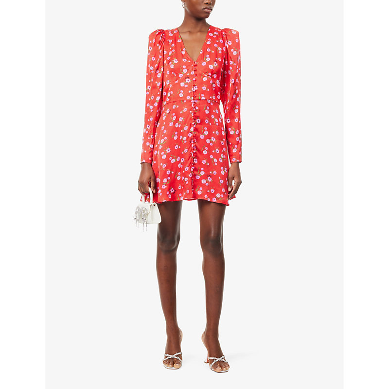 Shop Rotate Birger Christensen Women's Wildeve + Red Comb Floral-print V-neck Satin Mini Dress In Wildeve  + Red Comb