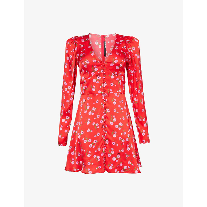 Shop Rotate Birger Christensen Women's Wildeve + Red Comb Floral-print V-neck Satin Mini Dress In Wildeve  + Red Comb