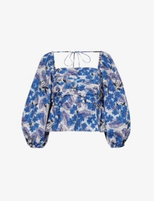 Weekend Max Mara Womens Cornflower Blue Palpiti Floral-pattern Cotton-poplin Top