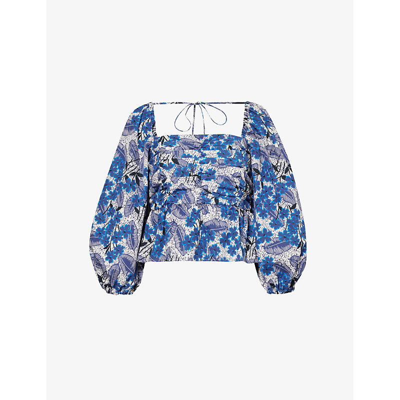 Weekend Max Mara Womens Cornflower Blue Palpiti Floral-pattern Cotton-poplin Top