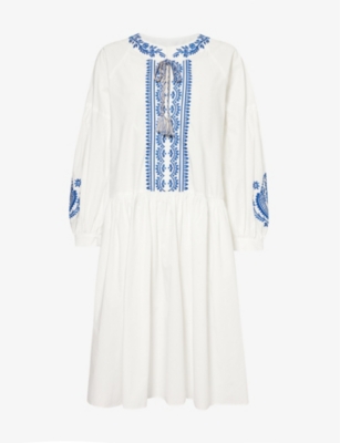 Shop Weekend Max Mara Women's White Dirce Floral-embroidery Cotton-poplin Midi Dress