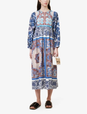 Shop Weekend Max Mara Women's Turquoise Ghiotto Graphic-pattern Cotton-poplin Midi Dress