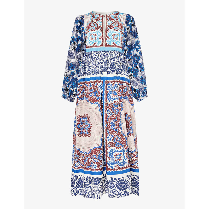 Weekend Max Mara Womens Turquoise Ghiotto Graphic-pattern Cotton-poplin Midi Dress