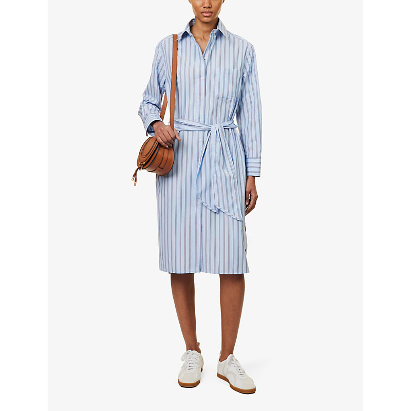 Shop Weekend Max Mara Women's Light Blue Edipo Striped Boxy-fit Cotton-poplin Midi Dress