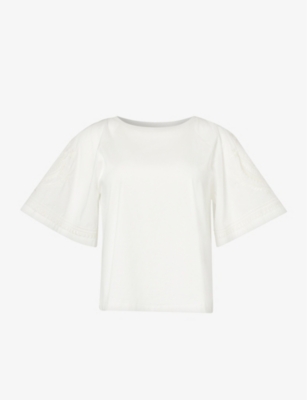 Shop Weekend Max Mara Women's White Livorno Embroidered-sleeve Cotton-jersey T-shirt