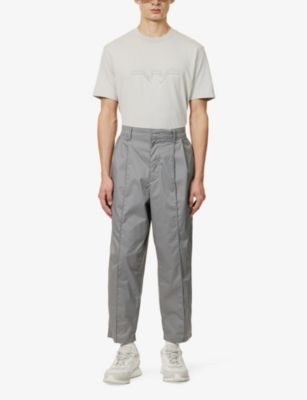 Shop Emporio Armani Men's Alloy Pleated Straight-leg Cotton-blend Trousers