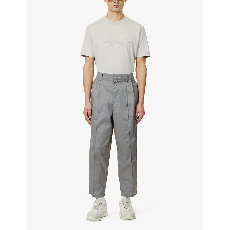 Shop Emporio Armani Pleated Straight-leg Cotton-blend Trousers In Alloy