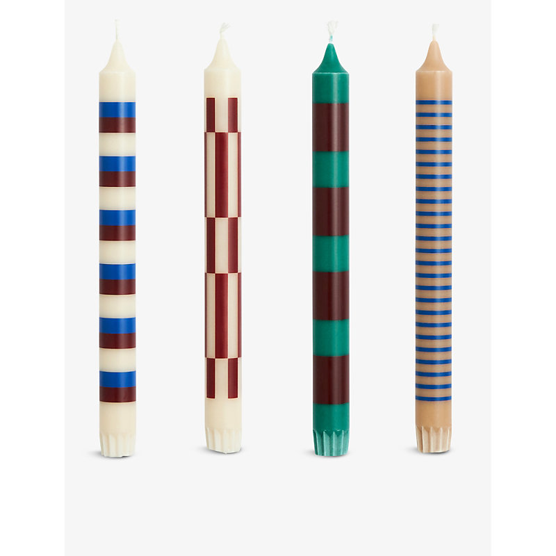 Shop Hay Graphic-pattern Wax Candles Set Of Four In Sand And Blue Pinstripe