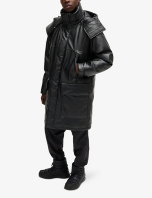 Hugo Boss Faux-leather Relaxed-fit Coat With Logo Hood In Black