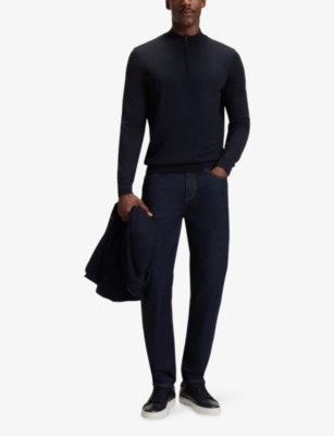 Hugo Boss Mens Dark Blue Zip-neck Regular-fit Wool-knitted Jumper Xxxl In Blue