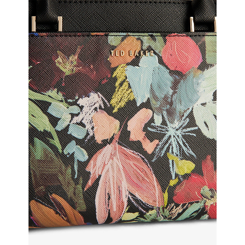 Shop Ted Baker Women's Black Beaticn Floral-print Faux-leather Top-handle Bag